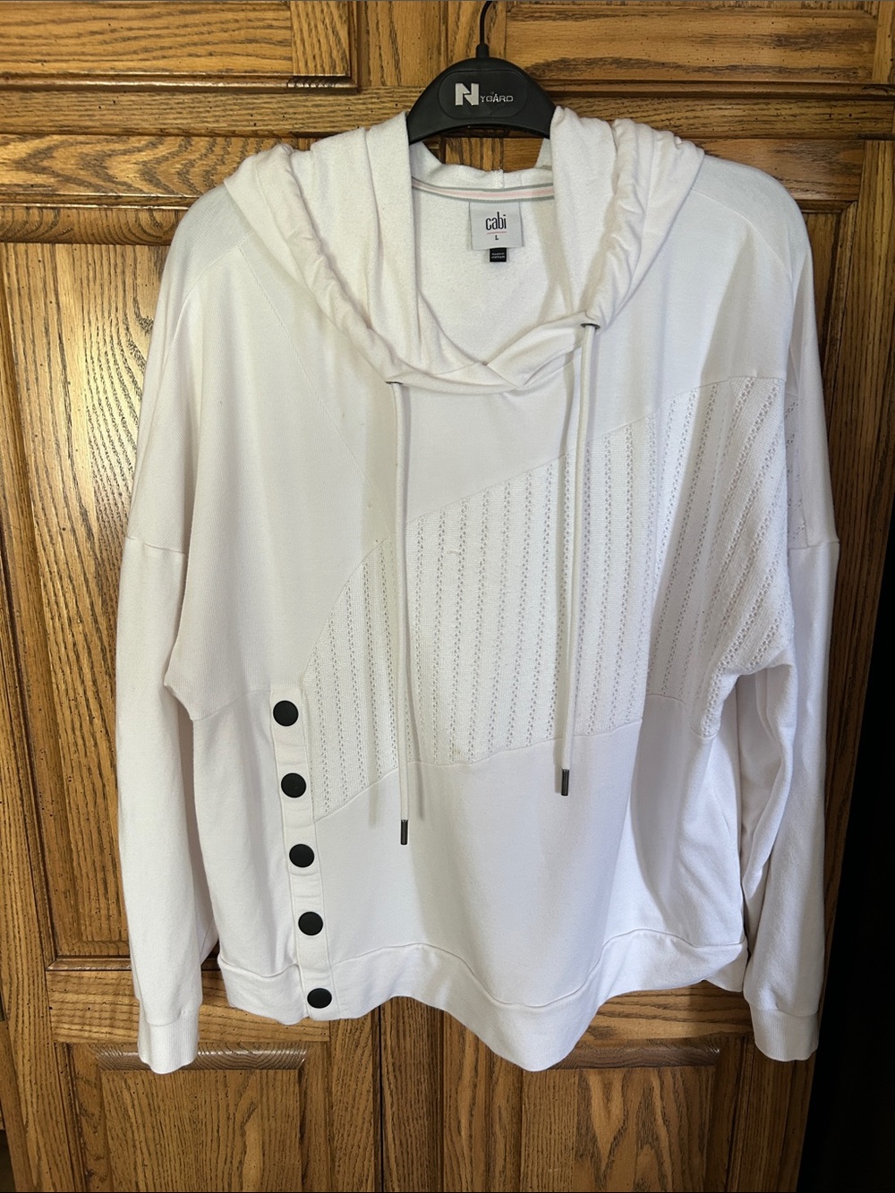 CAbi White Hooded Knit Sweater with Black Side Buttons